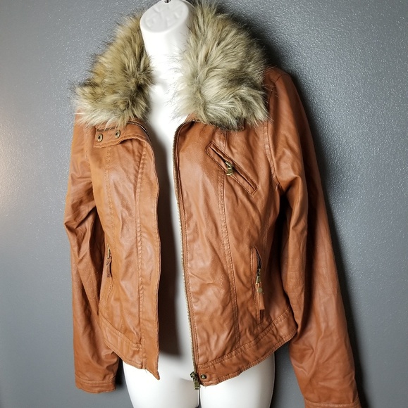 NWT Wet Seal Fur Lined Collar Tan Leather Jacket - Picture 3 of 6